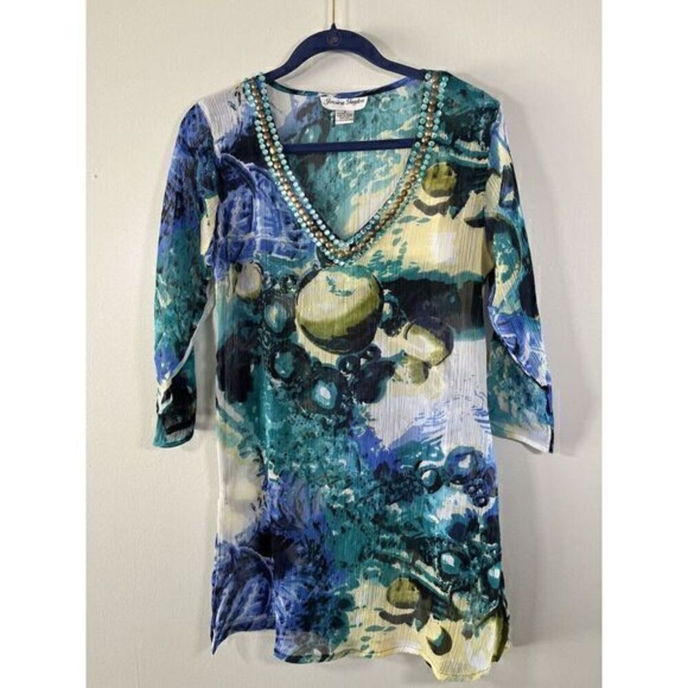 Jessica Taylor S Cover up Tunic Top‎ Dress Sheer Multi Tropical Cruise Beaded